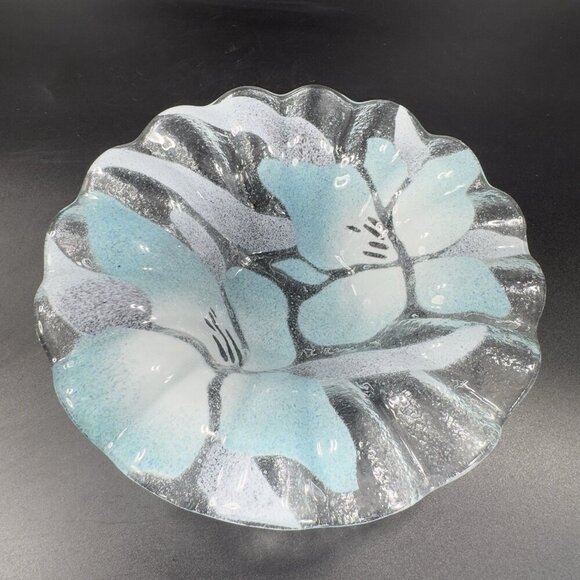 Sydenstricker Bowl Dish Fused Art Glass Ruffled Clear Blue Flowers VTG Signed - Picture 12 of 13